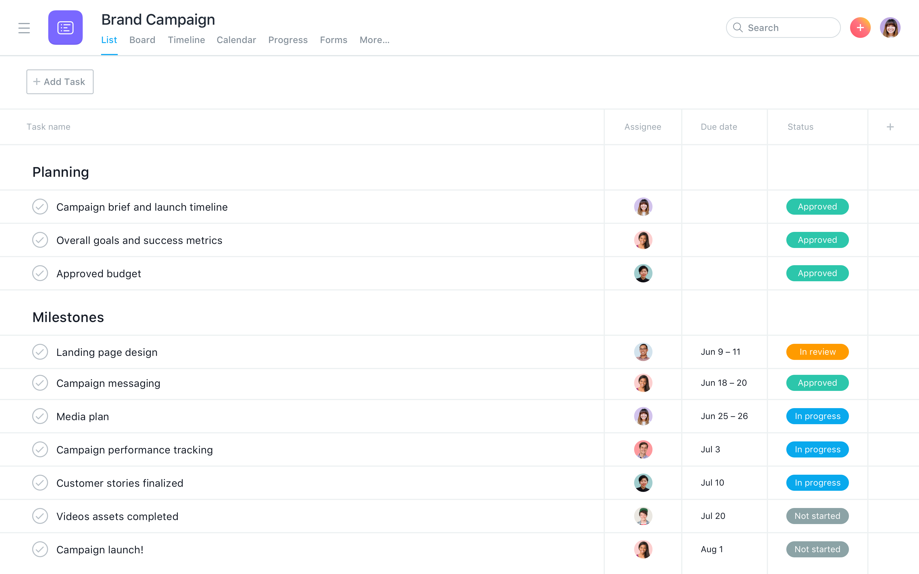 Asana timeline and tasks