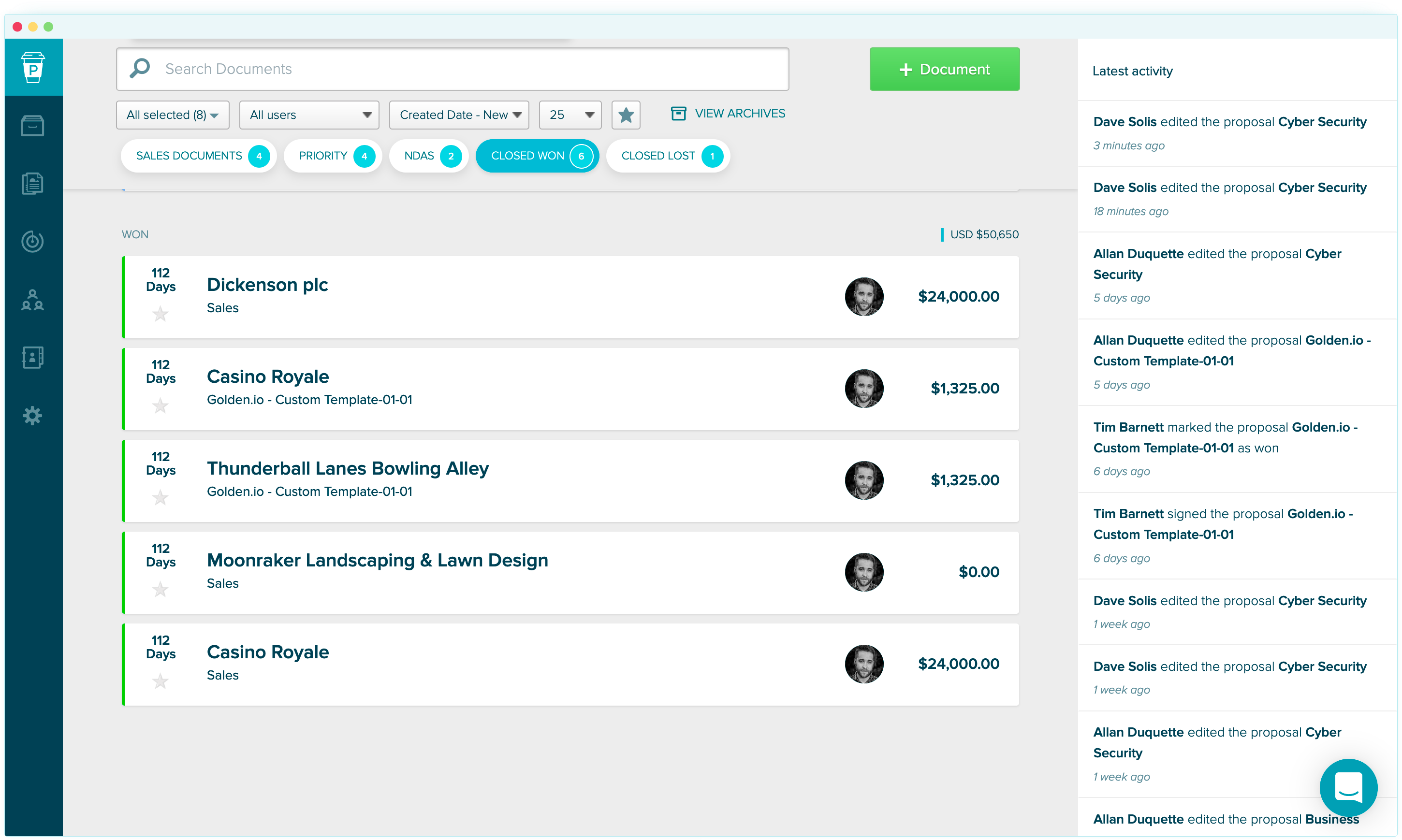 Proposify proposal workspace with tracking and approvals