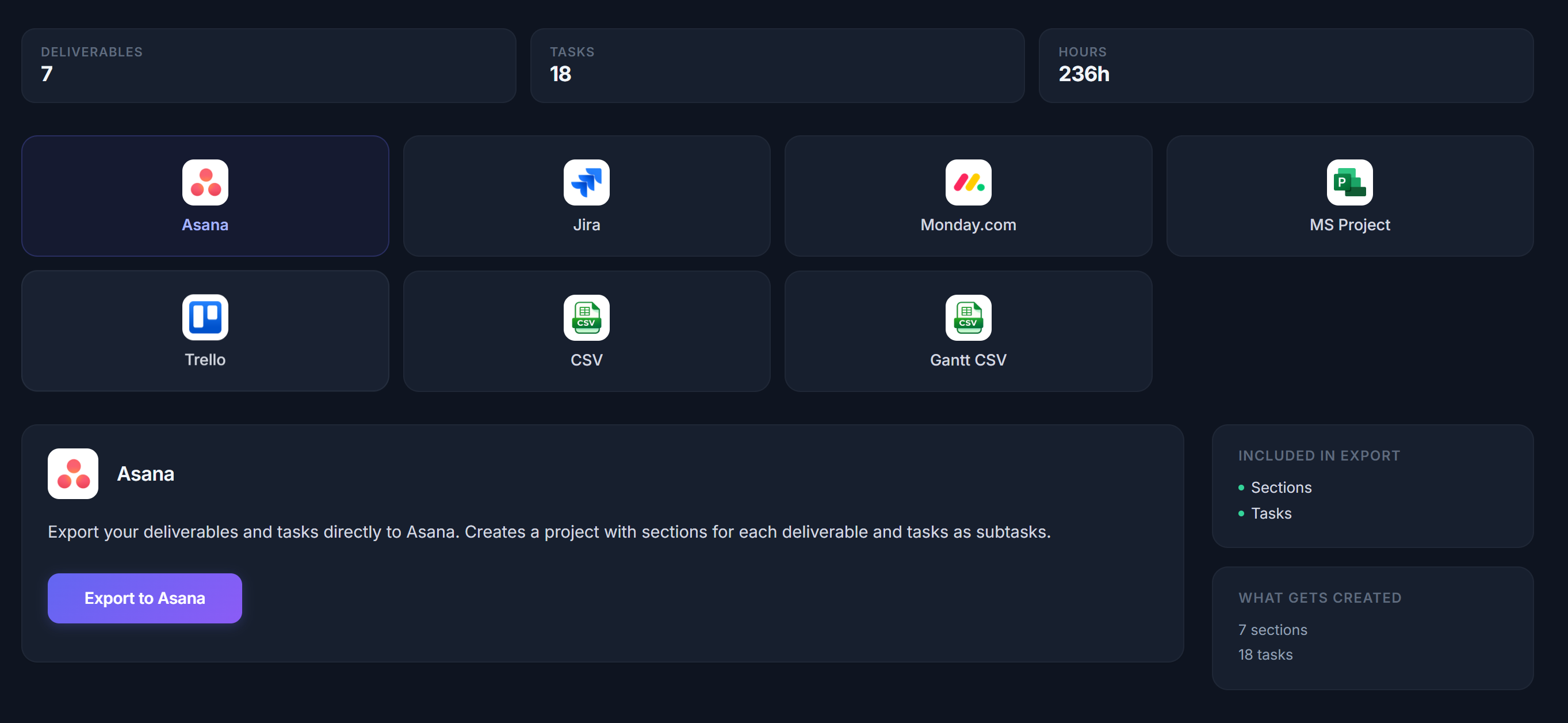 Motionode export options — Jira, Asana, Linear, PDF, Markdown, Cursor